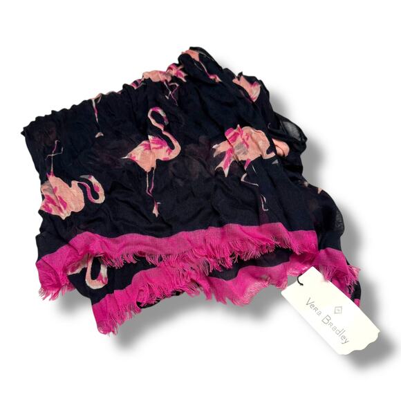 Vera Bradley Navy Blue Pink NEW Flamingo Fiesta Soft Fringe Scarf 70" x 26" - Picture 2 of 2